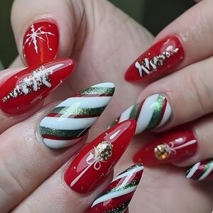 3/$15 Christmas Tree Snow Holiday Press On Nails Almond Green Red Glitter Stripe